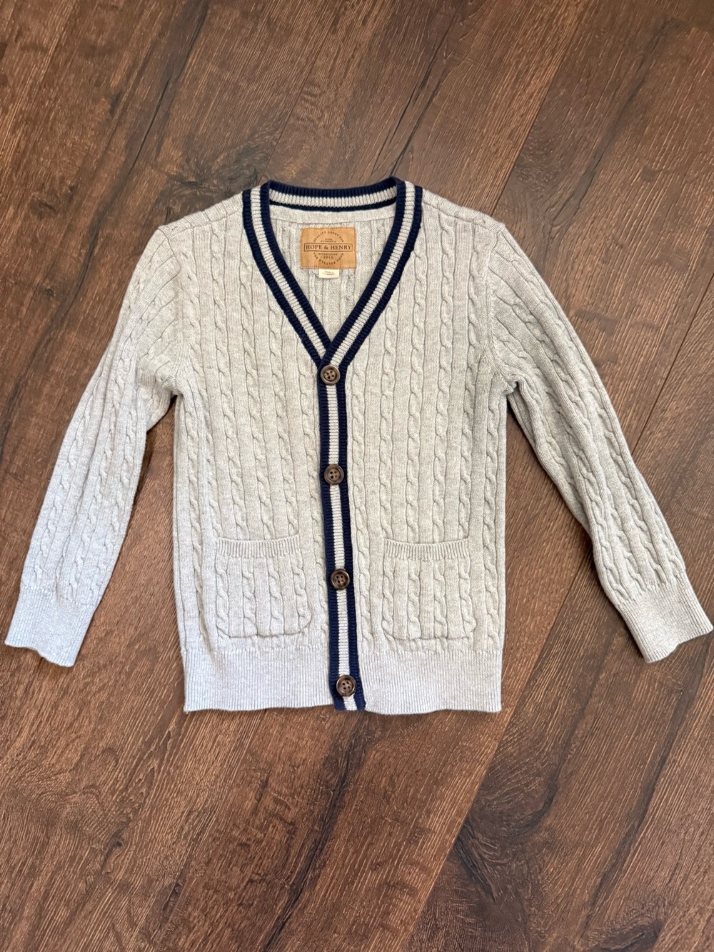 Hope & Henry Kids Light Gray heathered Cable-Knit Cardigan with Navy Trim